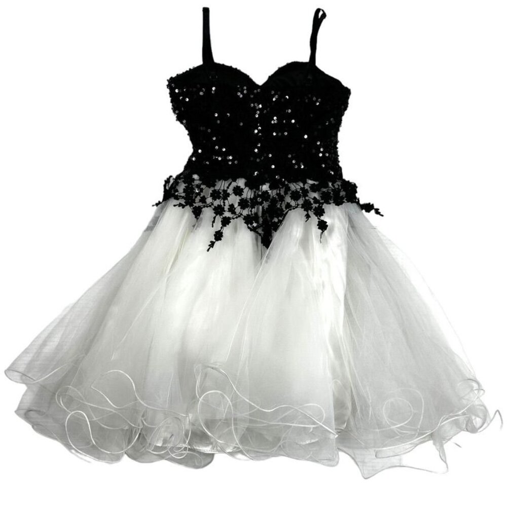 Black & White Tulle Dress With Sequin Floral Bodice Sz (1)